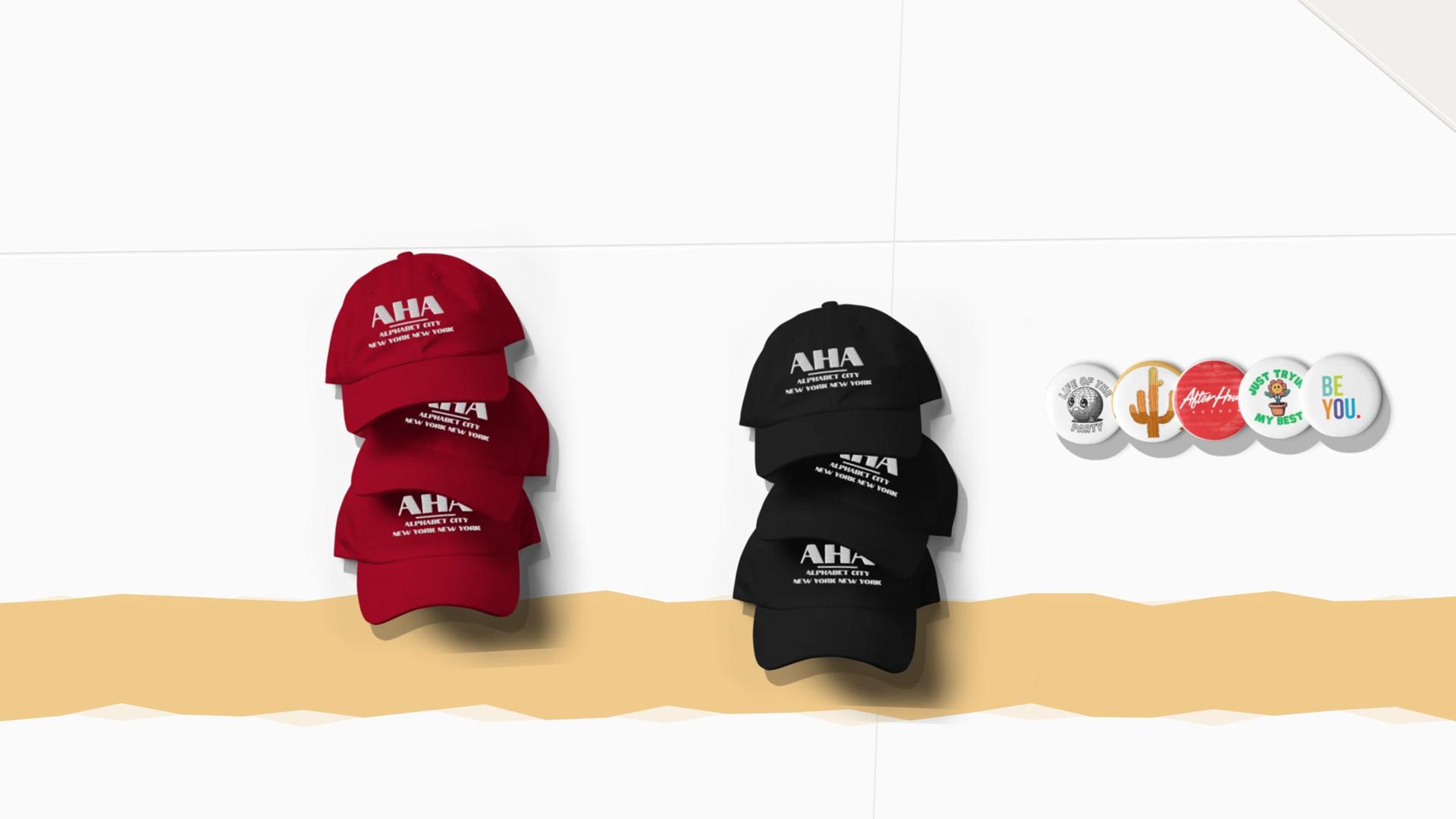 After Hours Agenda dad hats and pin sets on a paper background