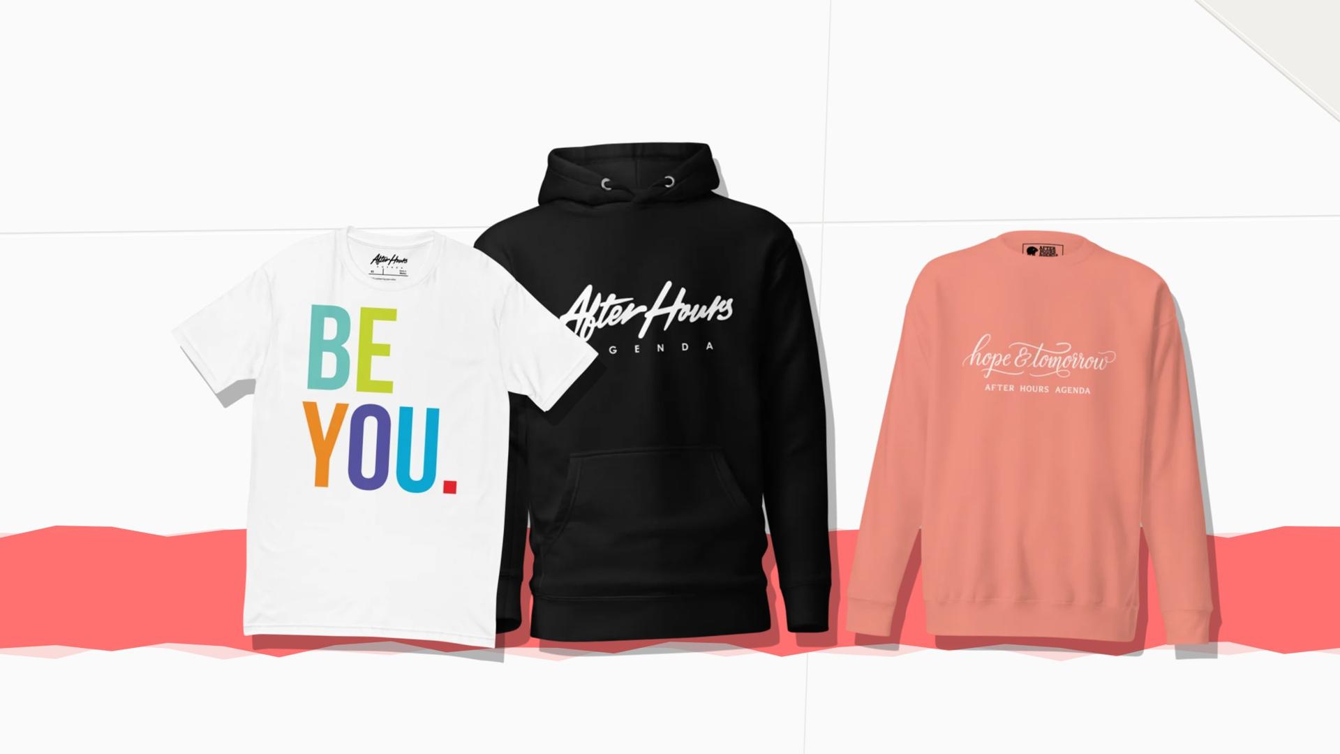 Current After Hours Agenda garments laid out on paper: the Be You tee, Classic AHA hoodie, and Hope and Tomorrow sweatshirt