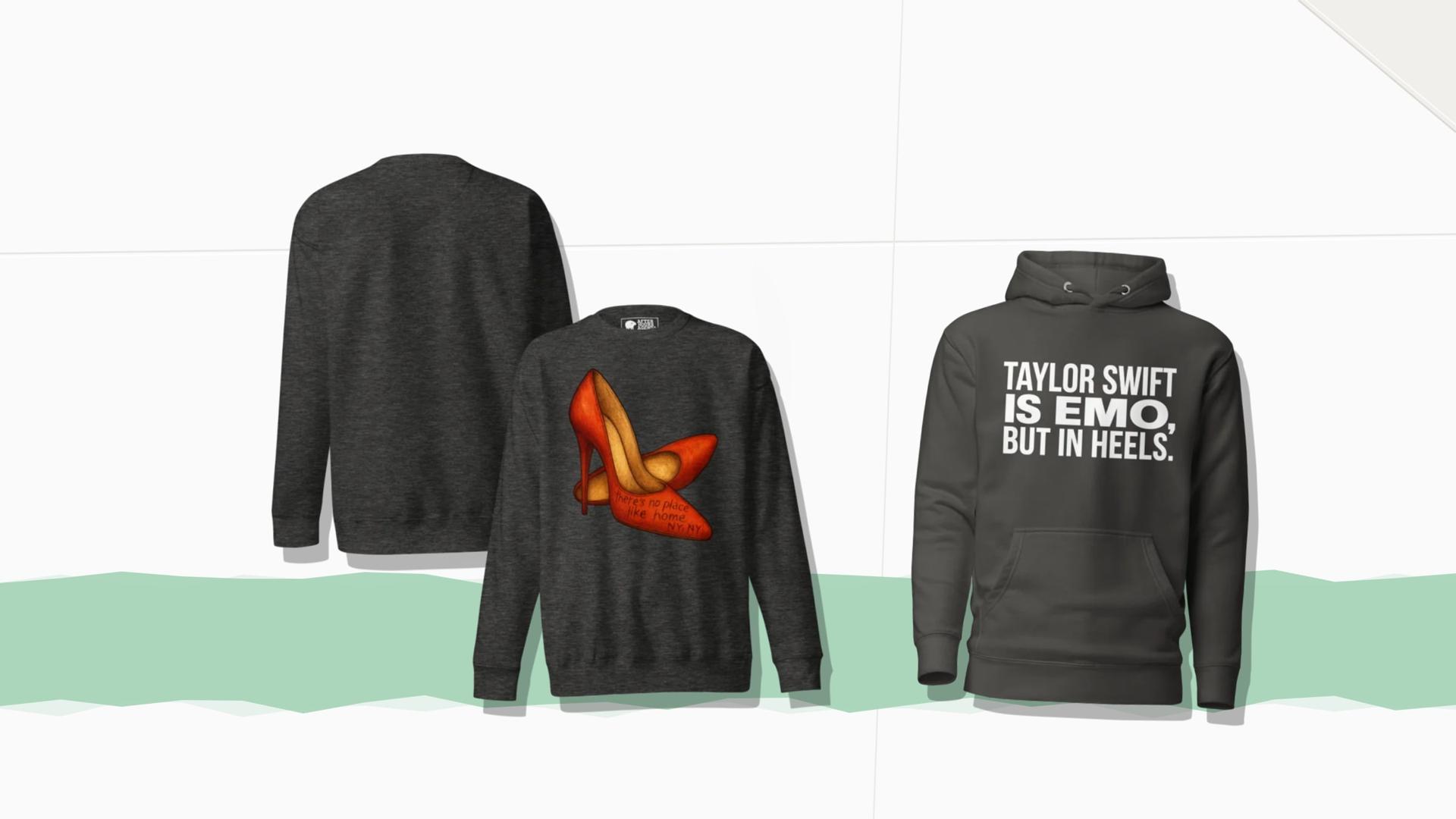 No Place Like New York sweatshirt and EMO But In Heels hoodie on a paper background