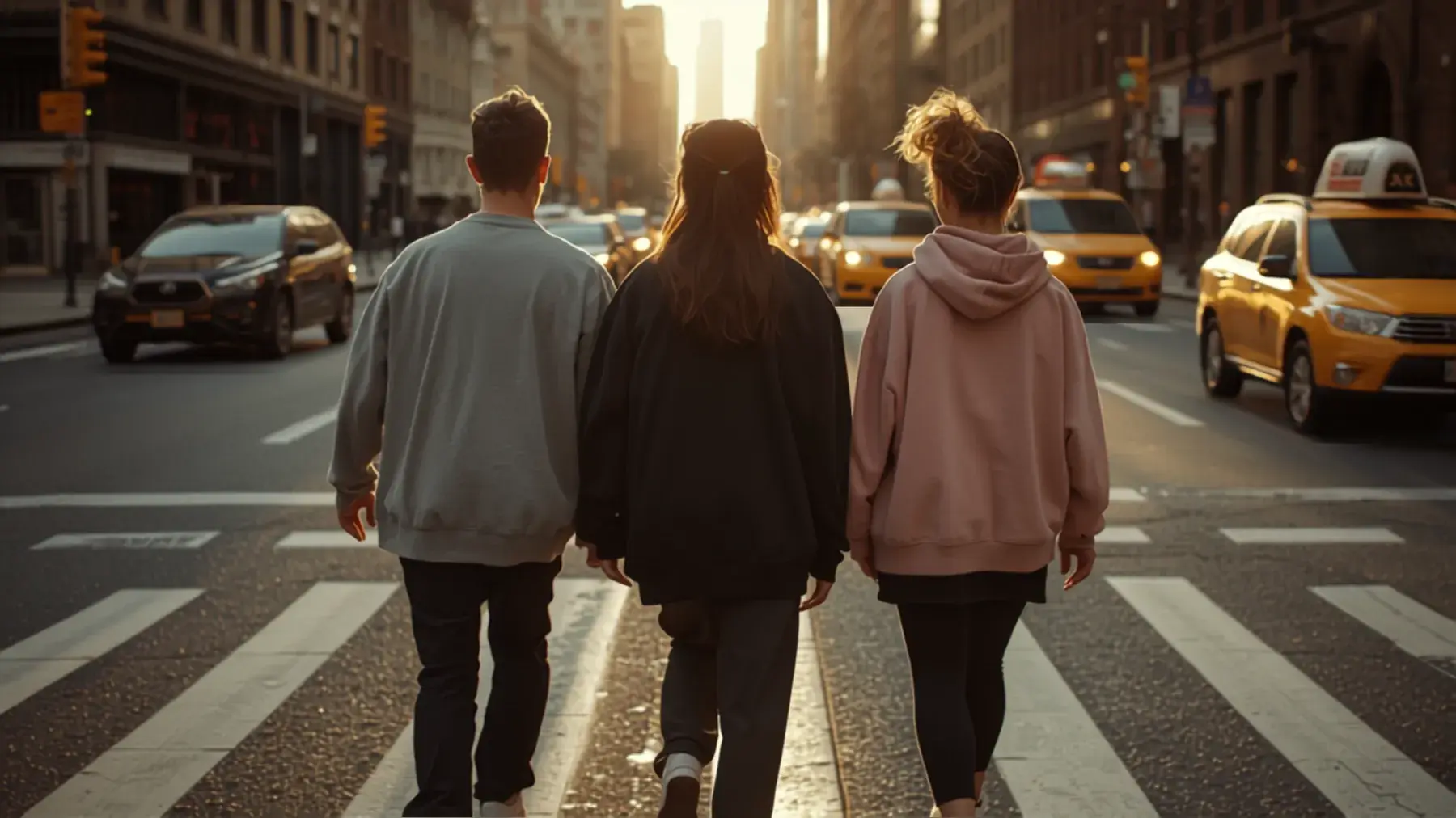 Three friends in After Hours Agenda streetwear crossing a New York City street at golden hour